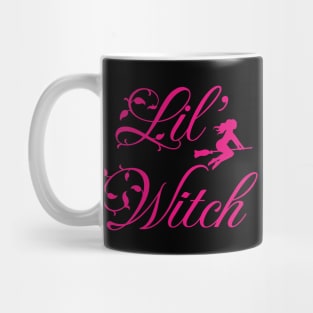 Lil' witch; little witch; girl; Halloween; trick or treater; cute; hot pink; black; witches; broom; magic; Mug